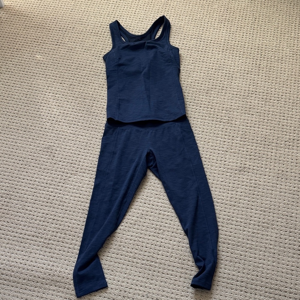 Prana navy blue Activewear top size small and leggings size medium.